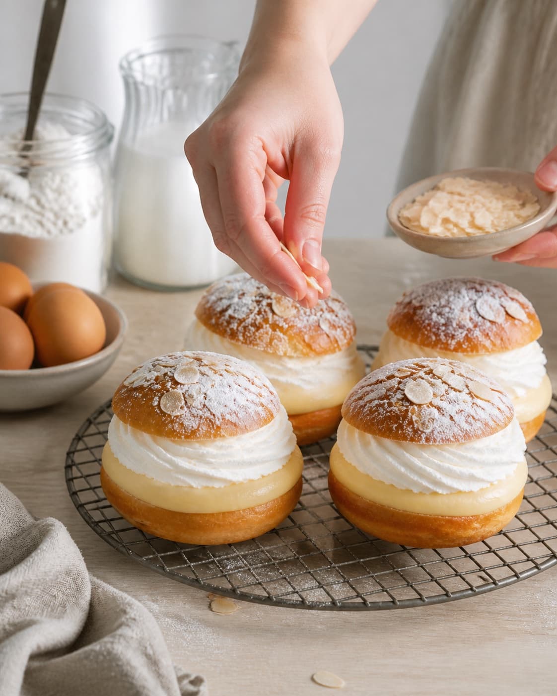 Finished klassiske fastelavnsboller med flødeskum og creme receiving its final garnish after cooling under tilberedningen af klassiske fastelavnsboller med flødeskum og creme