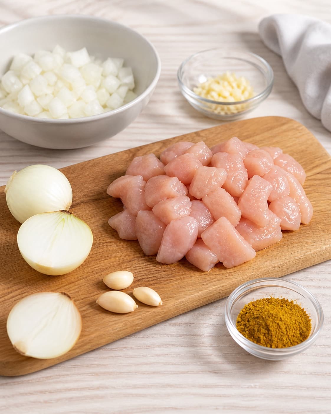 Mise en place for kylling i karry a la ristaffel with kyllingekød, karryblanding, zittauerløg, hvidløg under tilberedningen af kylling i karry a la ristaffel