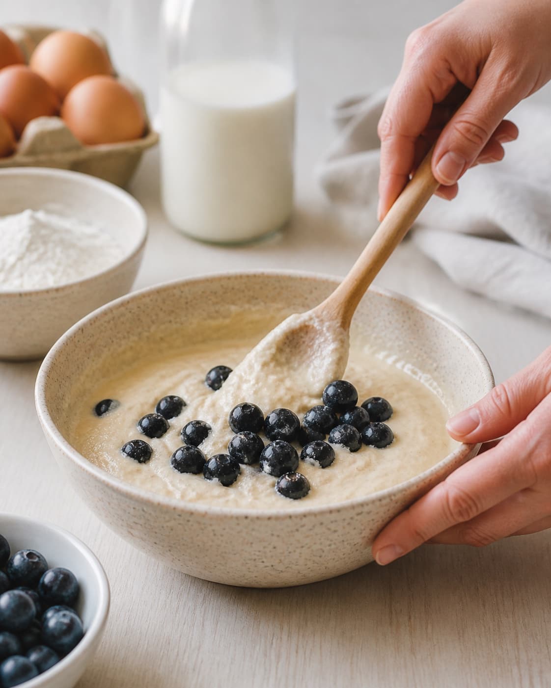Prepared mixture for amerikanske blåbærpandekager with blåbær, æg, hvedemel, mælk under tilberedningen af amerikanske blåbærpandekager