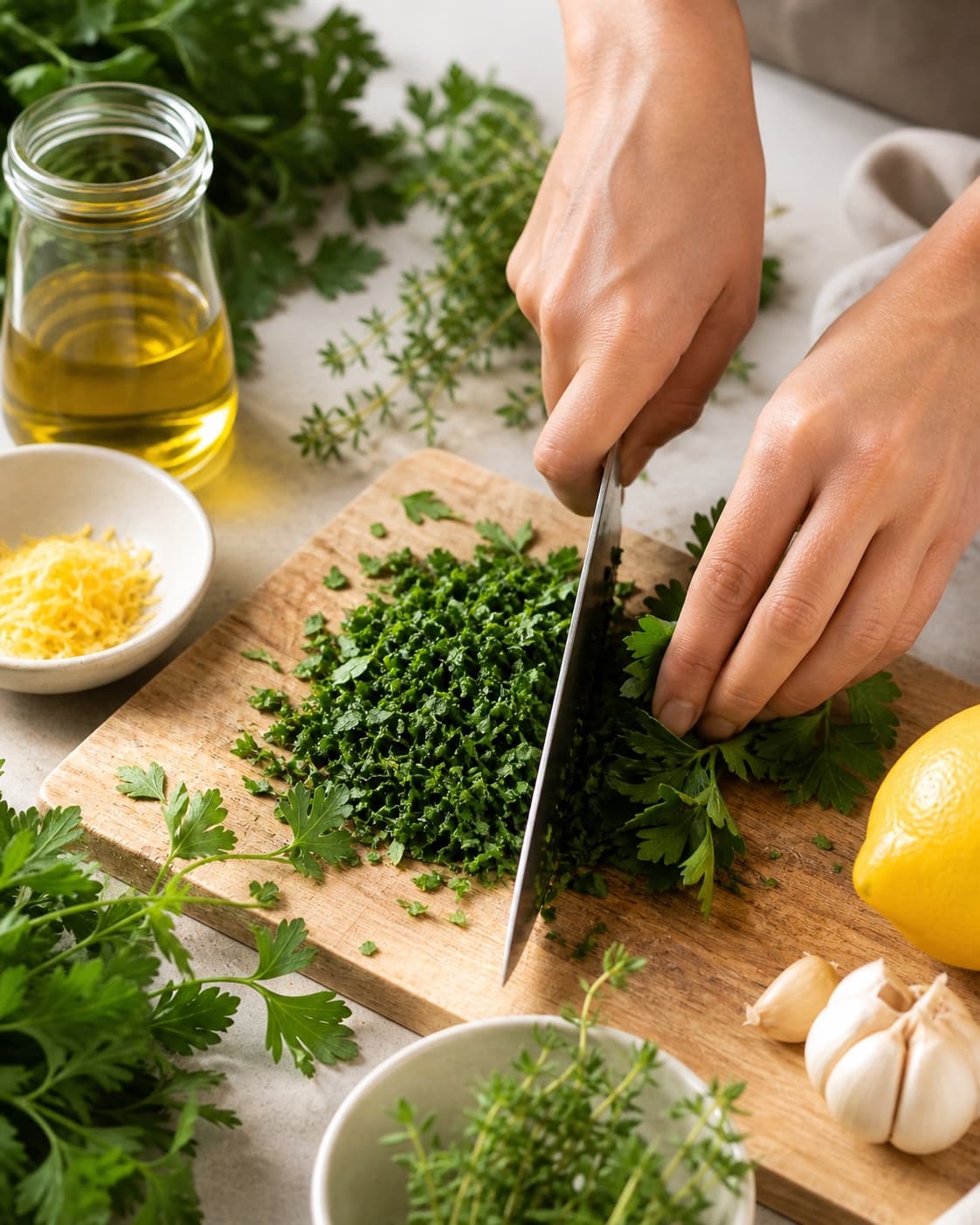 Clean prepared ingredients for gremolata with bredbladet persille, økologisk citron, ekstra jomfruolivenolie, friske krydderurter under tilberedningen af gremolata