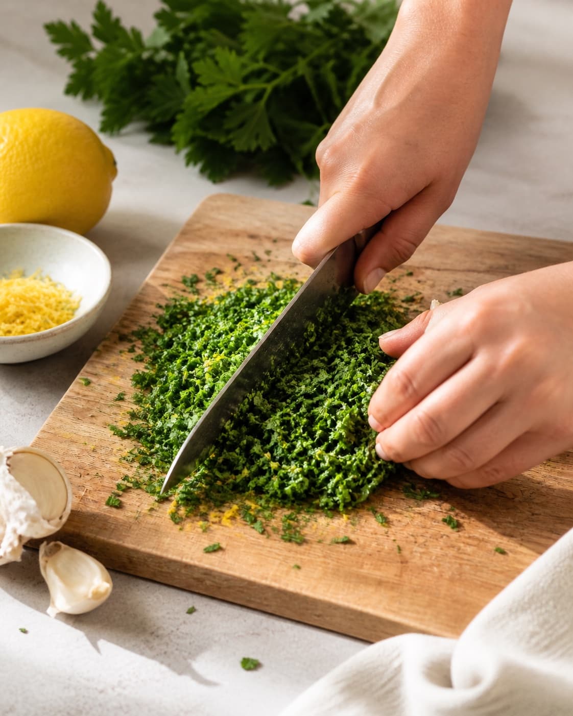Ingredients for gremolata being cut into even pieces under tilberedningen af gremolata