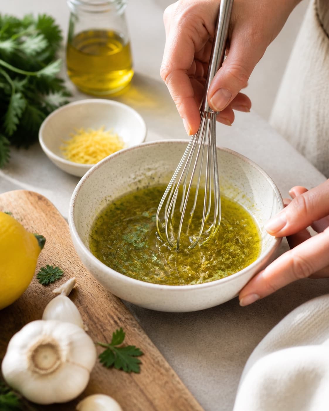 Dressing for gremolata being whisked until glossy under tilberedningen af gremolata