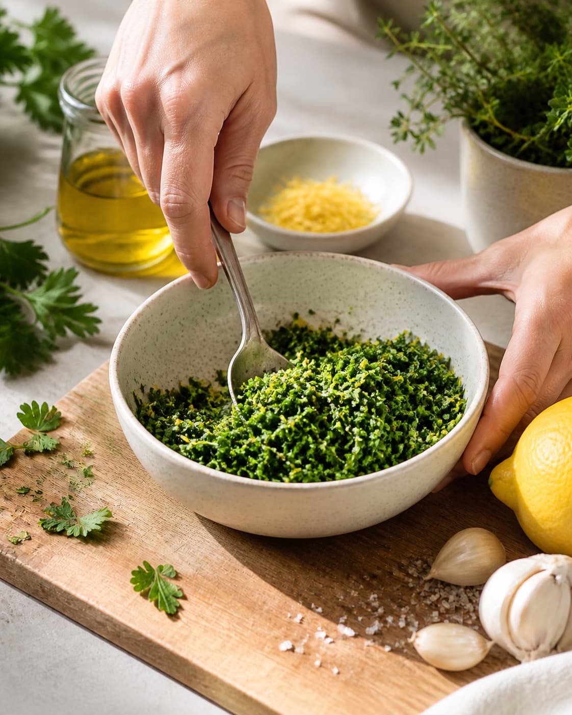 gremolata being gently combined without crushing the ingredients under tilberedningen af gremolata