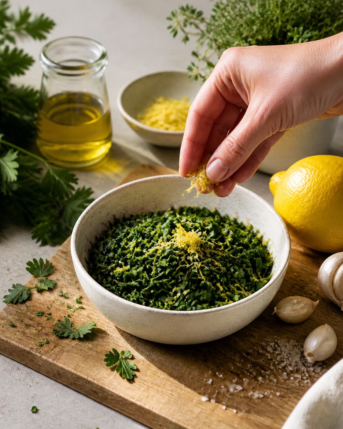 Fresh finished gremolata receiving its final garnish under tilberedningen af gremolata