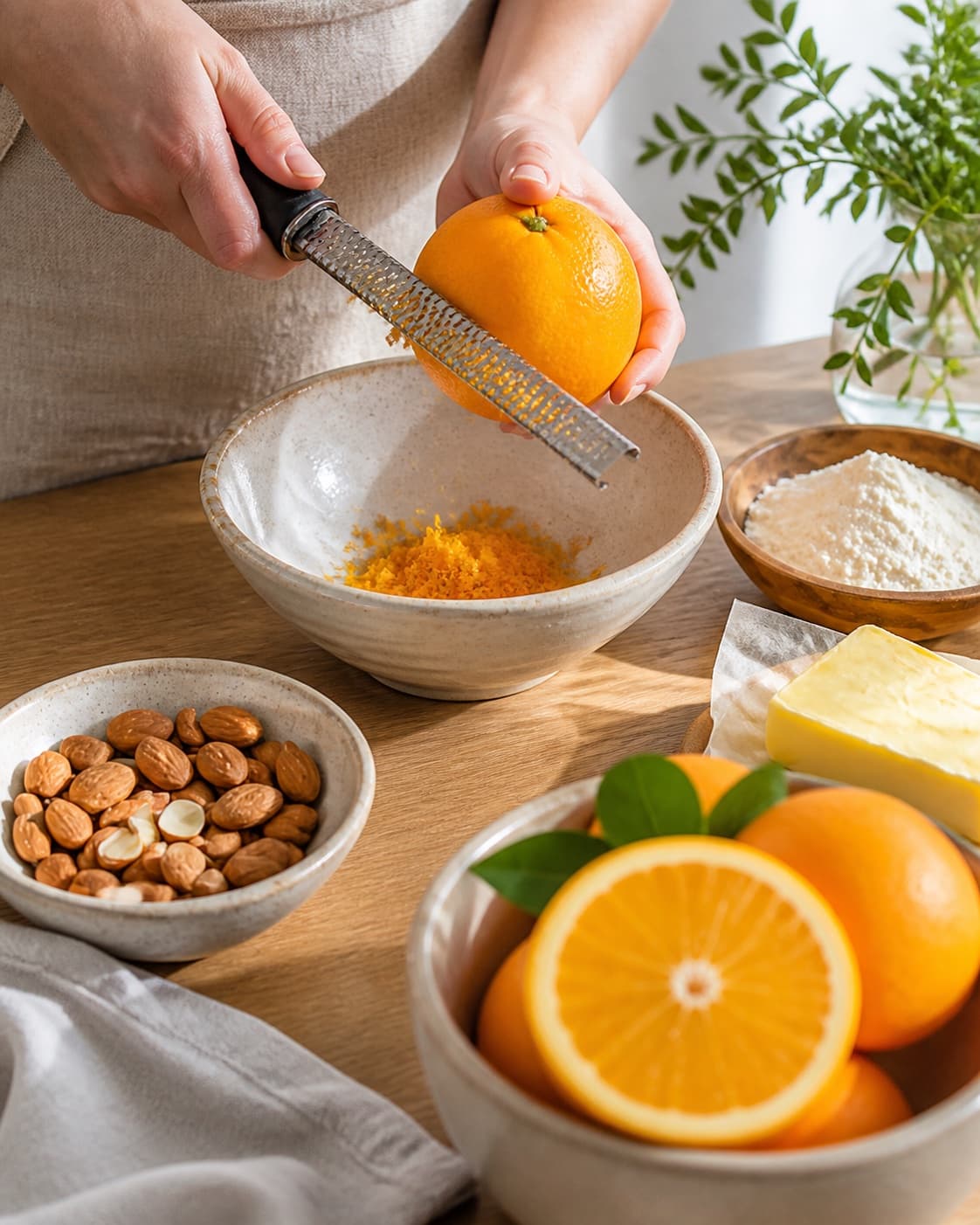 Measured ingredients for marokkansk appelsinkage med mandler arranged separately with økologisk appelsin, mandler, hvedemel, smør under tilberedningen af marokkansk appelsinkage med mandler