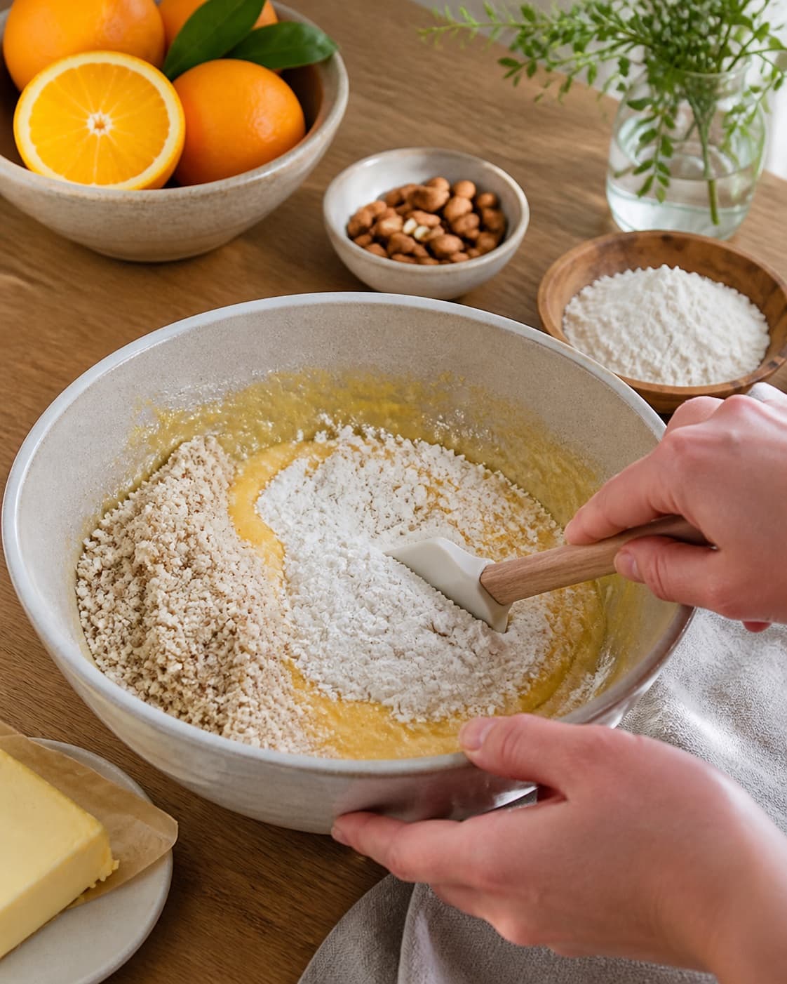The batter or dough for marokkansk appelsinkage med mandler being gently combined under tilberedningen af marokkansk appelsinkage med mandler