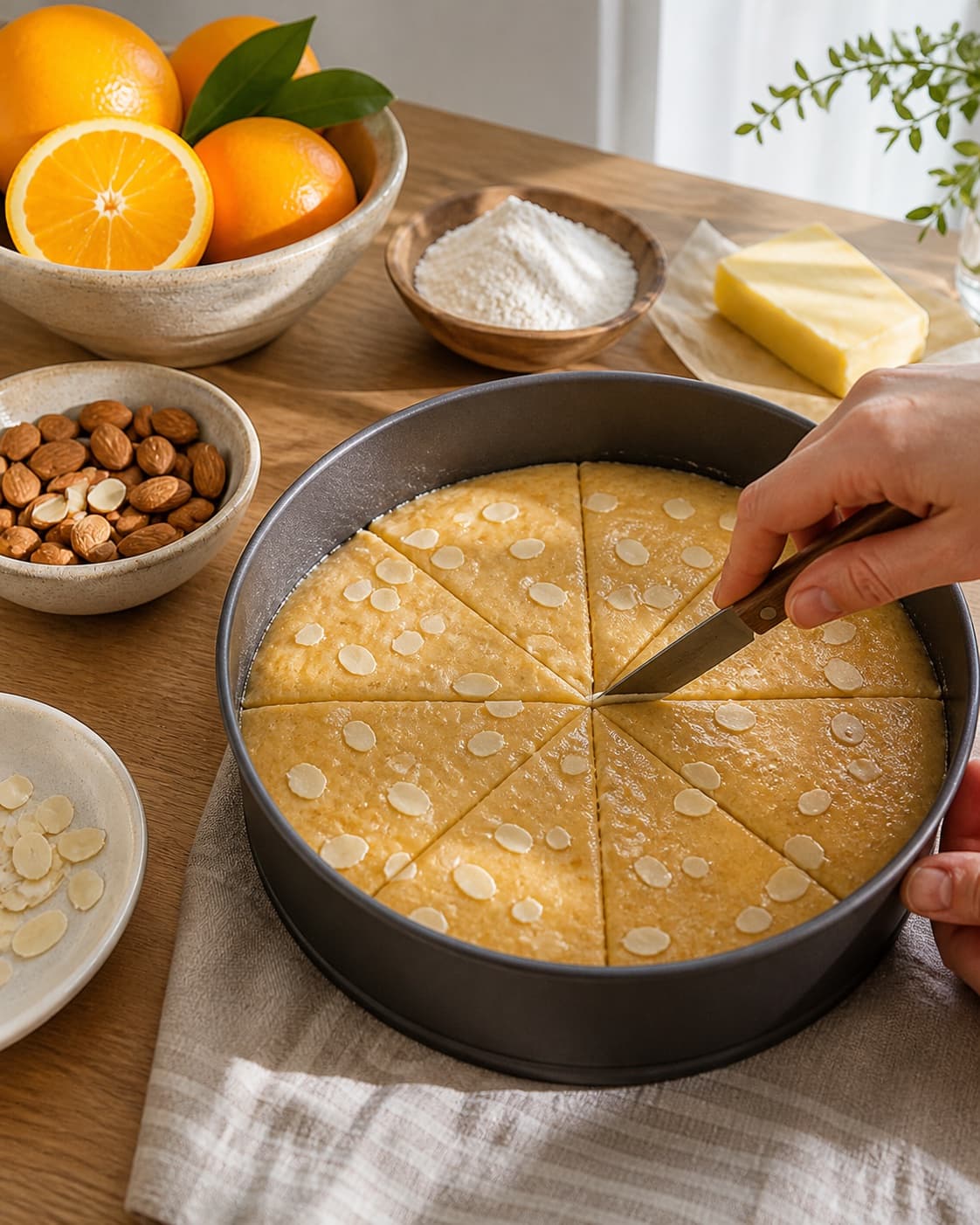 marokkansk appelsinkage med mandler being portioned evenly before baking under tilberedningen af marokkansk appelsinkage med mandler