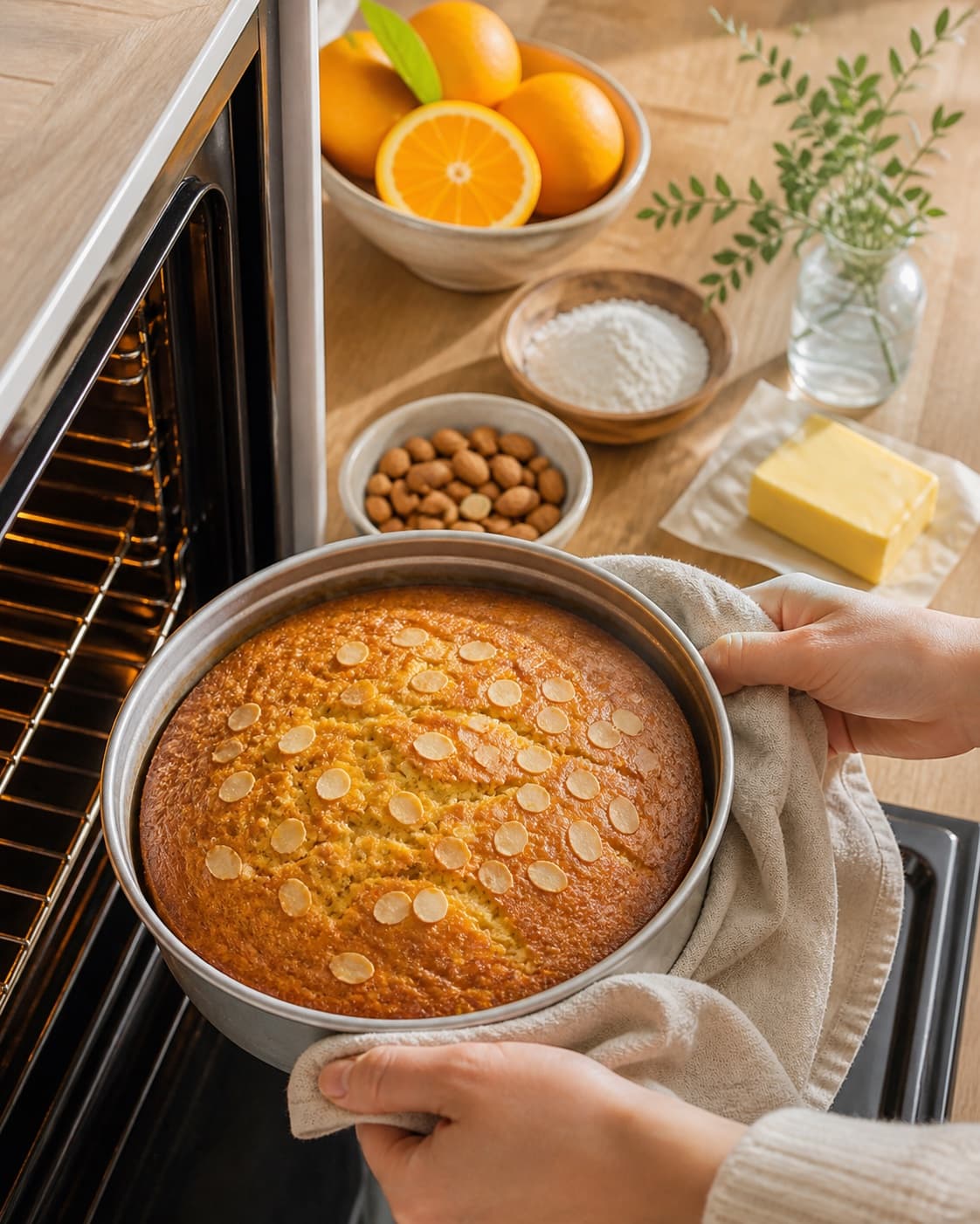 marokkansk appelsinkage med mandler baking until golden with a visibly set centre under tilberedningen af marokkansk appelsinkage med mandler