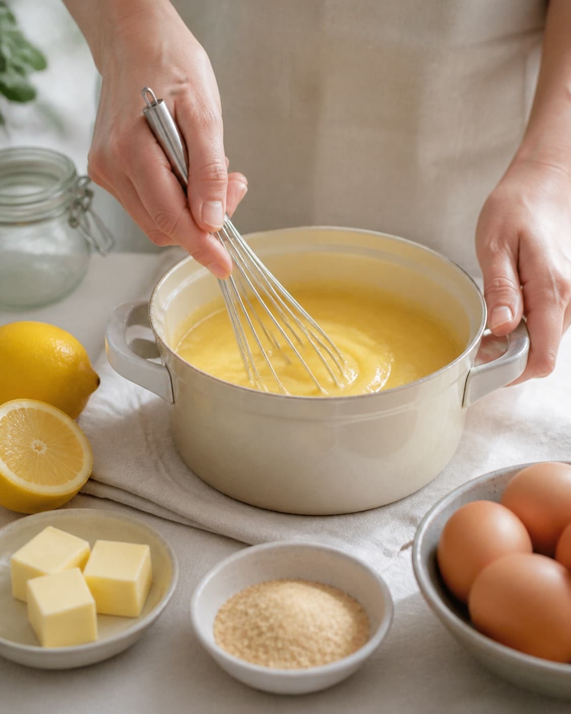 Clean measured ingredients and prepared jars for lemoncurd with økologisk citron, pasteuriserede æg, smør, rørsukker under tilberedningen af lemoncurd