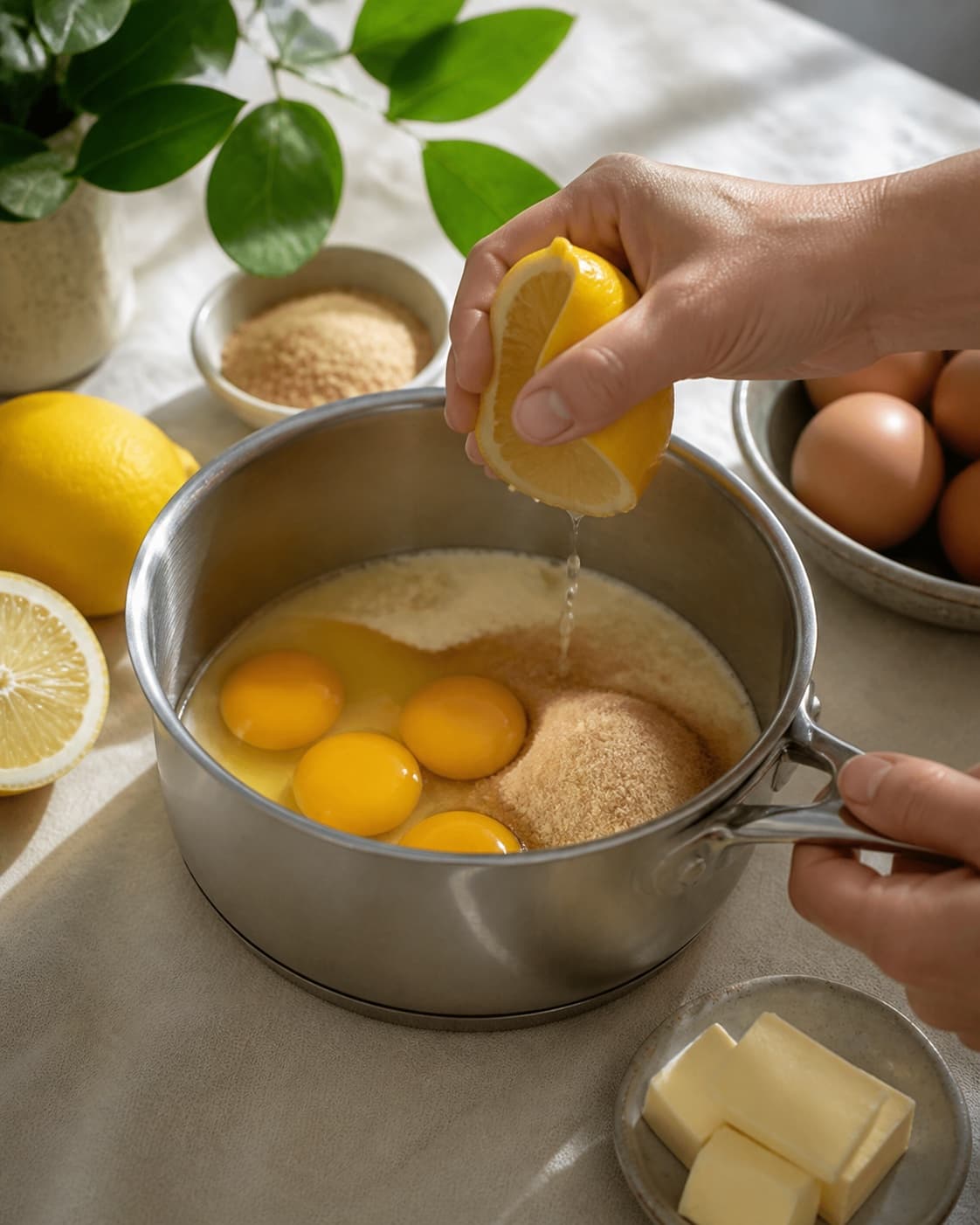 Ingredients for lemoncurd gently releasing juice in a pot under tilberedningen af lemoncurd