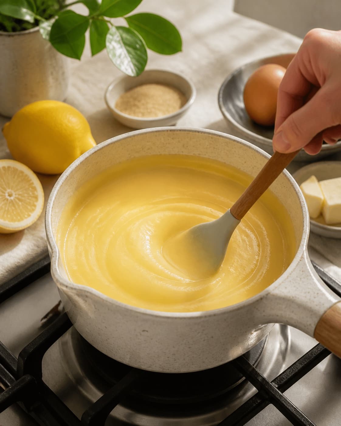 lemoncurd simmering to a glossy even consistency under tilberedningen af lemoncurd