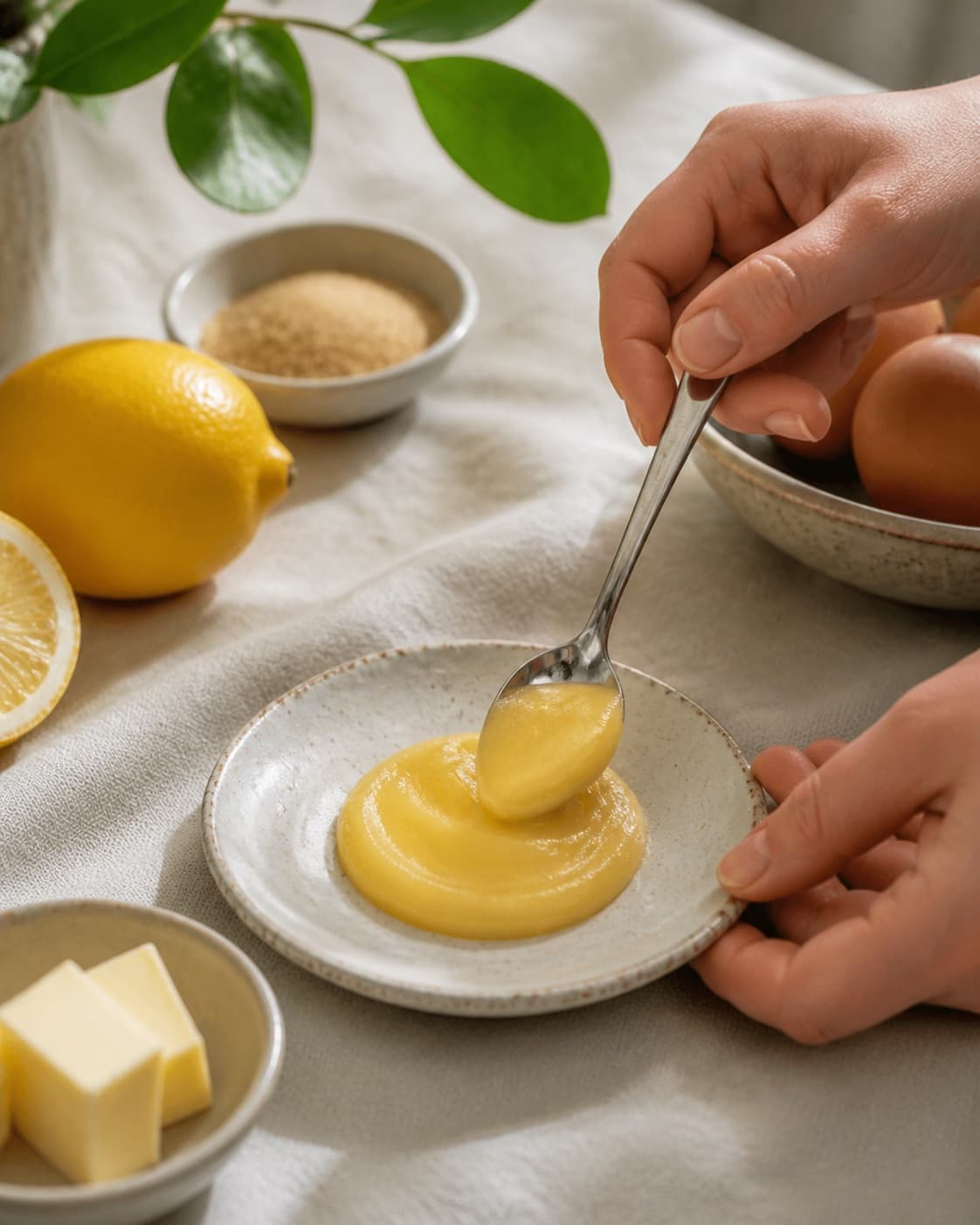 A chilled consistency test for lemoncurd on a small plate under tilberedningen af lemoncurd