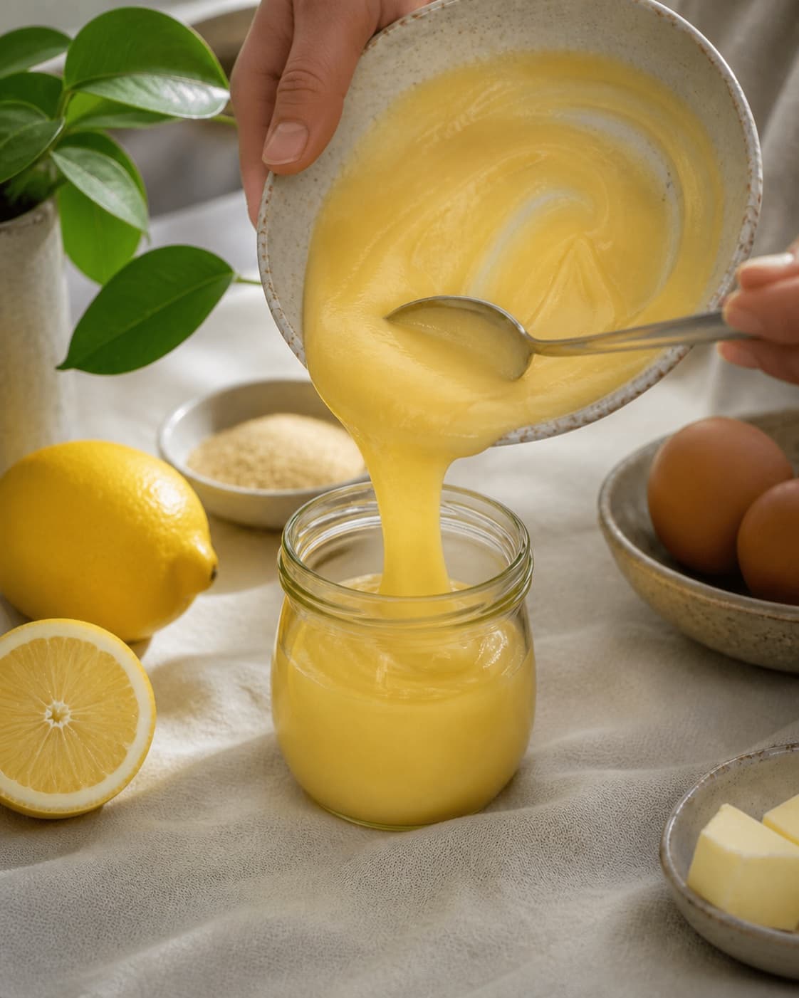 Hot finished lemoncurd being carefully transferred into a clean jar under tilberedningen af lemoncurd