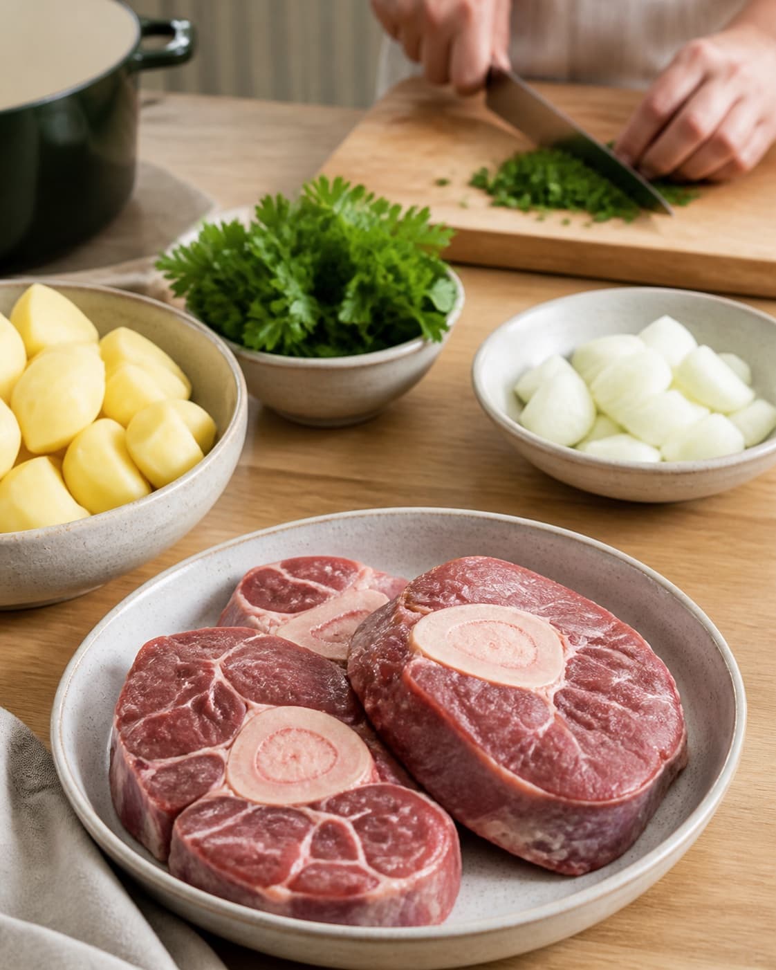 Mise en place for osso buco med kartoffelmos og gremolata with kartofler, bredbladet persille, kalveskank i skiver, zittauerløg under tilberedningen af osso buco med kartoffelmos og gremolata