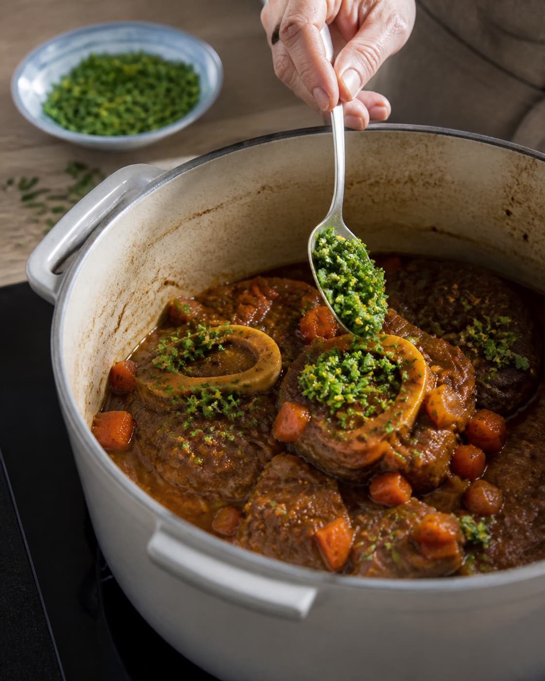 The texture of osso buco med kartoffelmos og gremolata being adjusted in the pot under tilberedningen af osso buco med kartoffelmos og gremolata