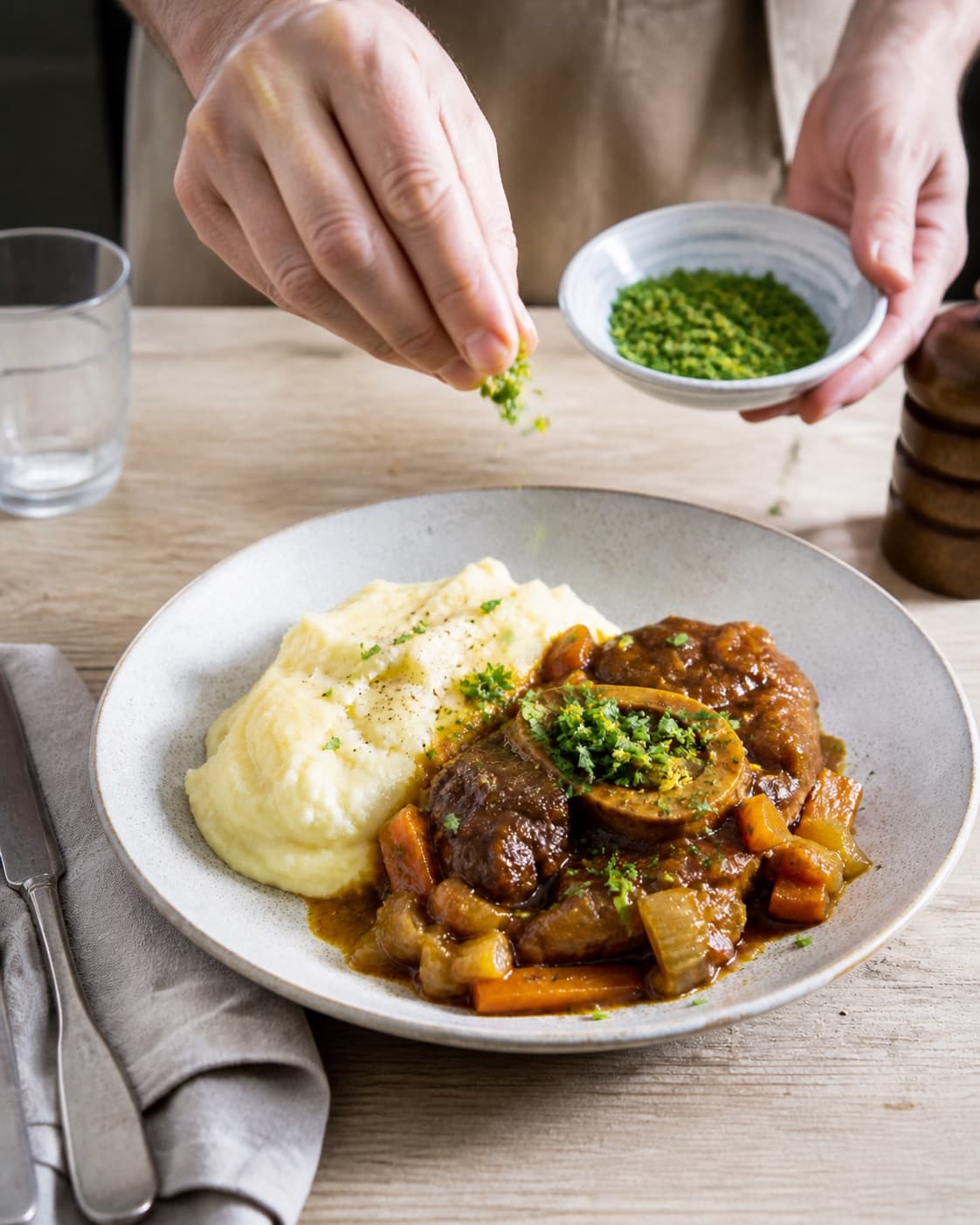 Finished osso buco med kartoffelmos og gremolata being served with a fresh restrained garnish under tilberedningen af osso buco med kartoffelmos og gremolata