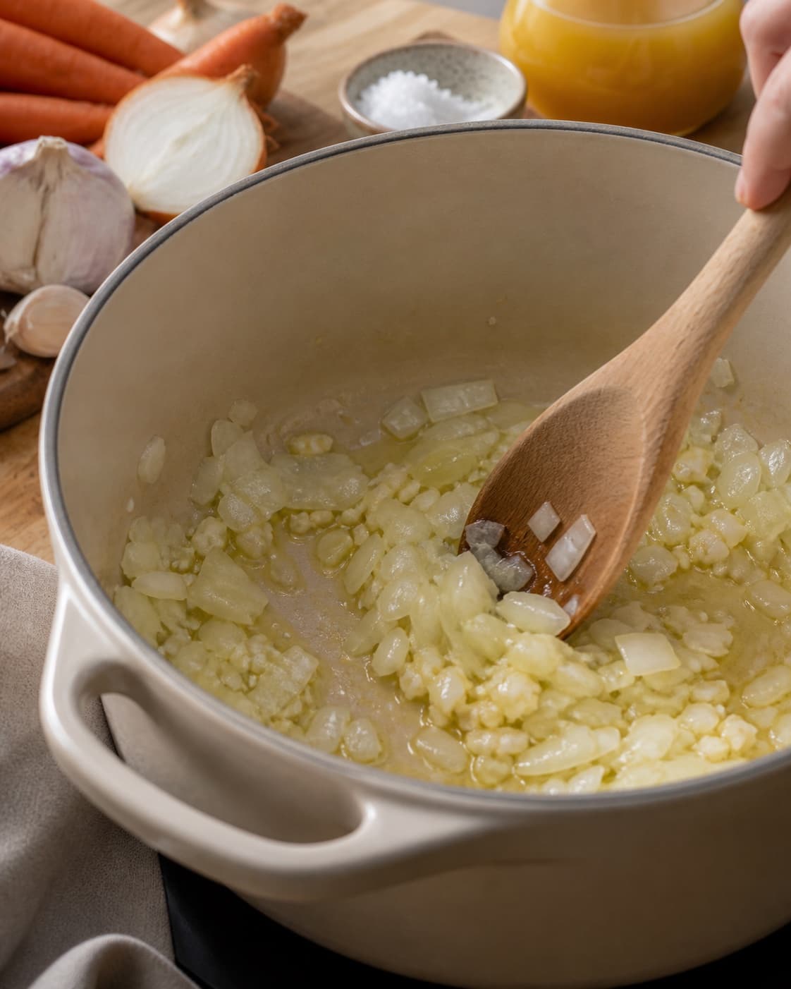 Aromatic base for gulerodssuppe gently cooking in a pot under tilberedningen af gulerodssuppe