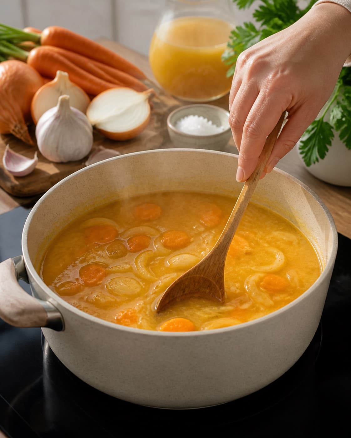 gulerodssuppe gently simmering with visible ingredients under tilberedningen af gulerodssuppe