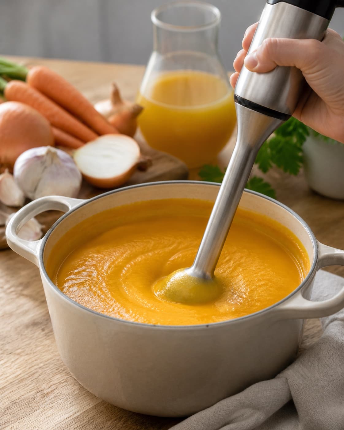 The texture of gulerodssuppe being adjusted in the pot under tilberedningen af gulerodssuppe