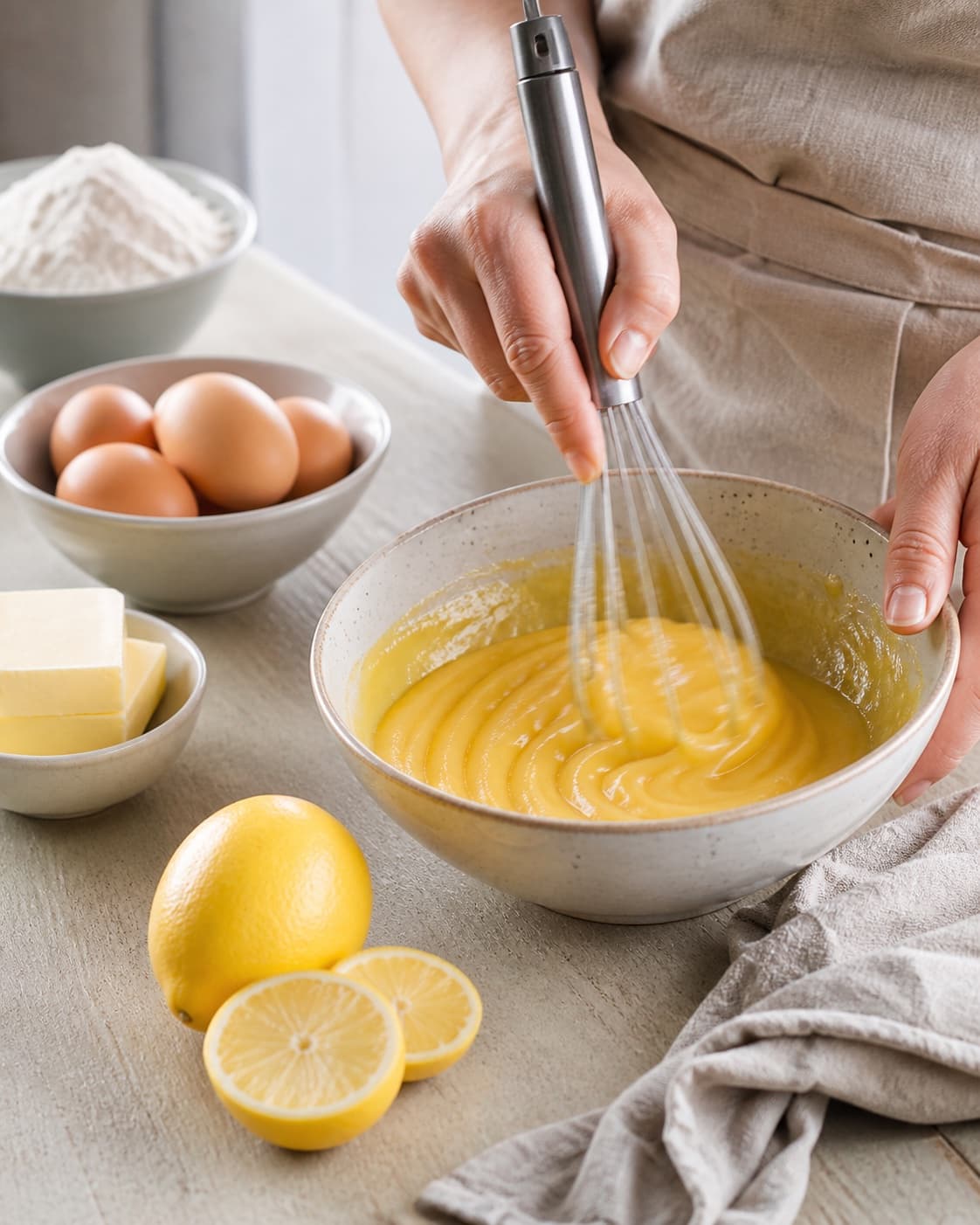 Measured ingredients for fastelavnsboller med lemoncurd og citronskum arranged separately with økologisk citron, pasteuriserede æg, smør, hvedemel under tilberedningen af fastelavnsboller med lemoncurd og citronskum