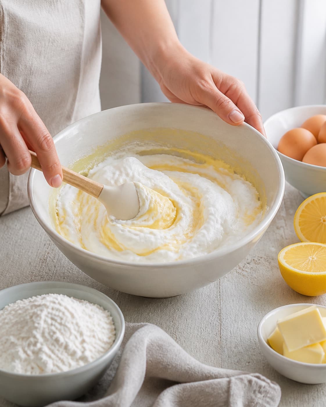 The batter or dough for fastelavnsboller med lemoncurd og citronskum being gently combined under tilberedningen af fastelavnsboller med lemoncurd og citronskum
