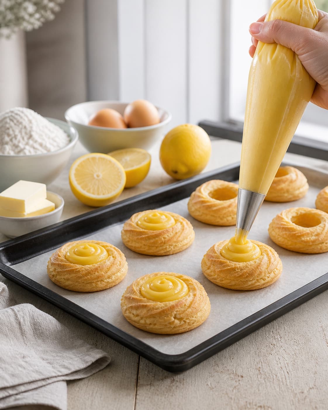 fastelavnsboller med lemoncurd og citronskum being portioned evenly before baking under tilberedningen af fastelavnsboller med lemoncurd og citronskum