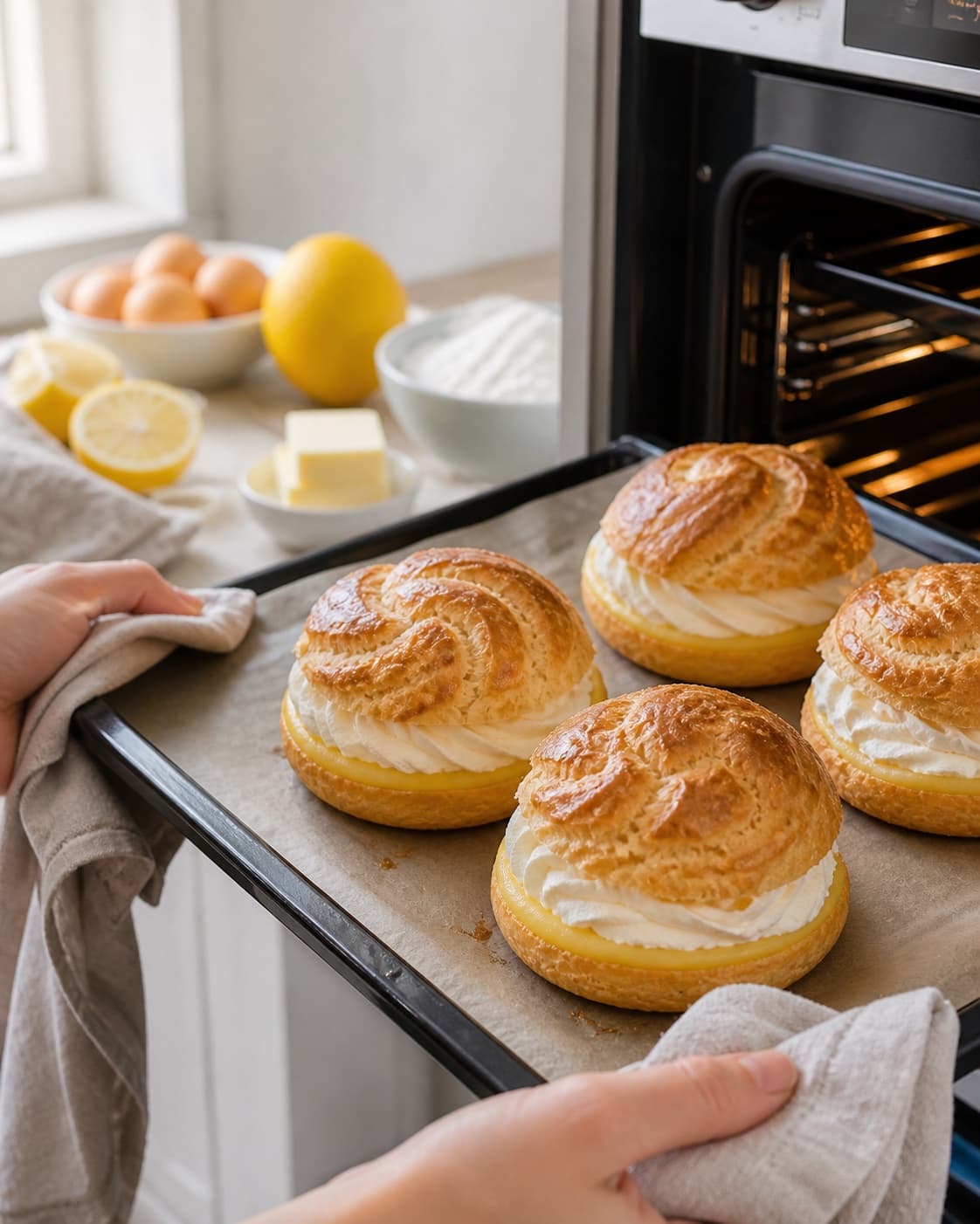 fastelavnsboller med lemoncurd og citronskum baking until golden with a visibly set centre under tilberedningen af fastelavnsboller med lemoncurd og citronskum