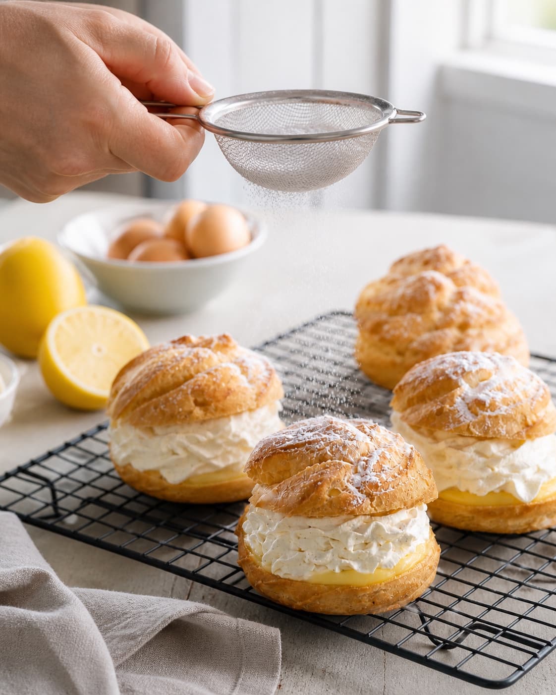 Finished fastelavnsboller med lemoncurd og citronskum receiving its final garnish after cooling under tilberedningen af fastelavnsboller med lemoncurd og citronskum