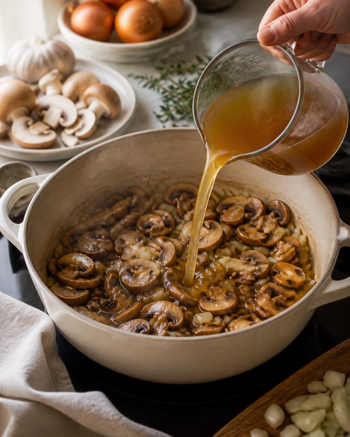 Mise en place for champignonsuppe with brune champignoner, zittauerløg, hvidløg, grøntsags- eller kødfond under tilberedningen af champignonsuppe