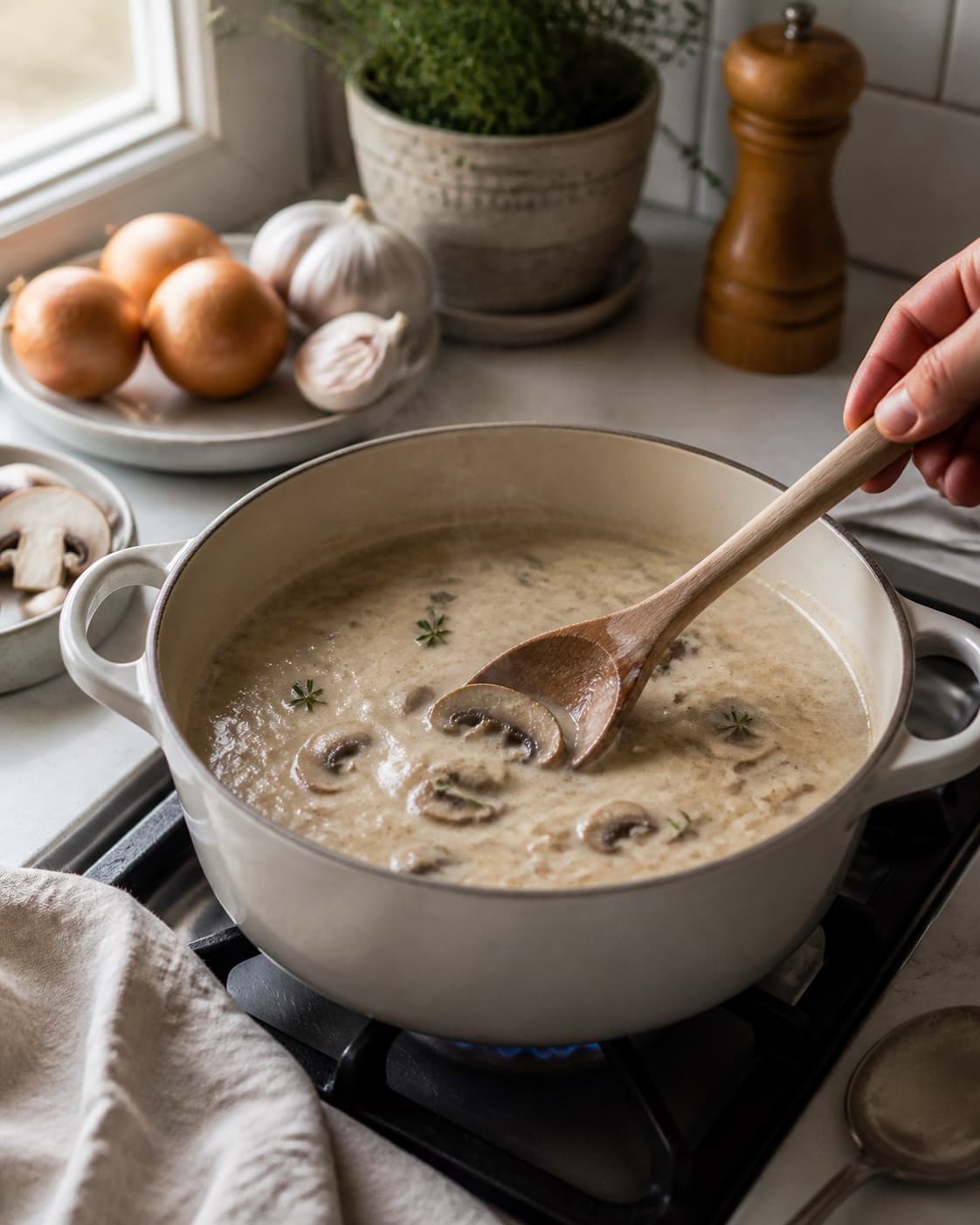 champignonsuppe gently simmering with visible ingredients under tilberedningen af champignonsuppe