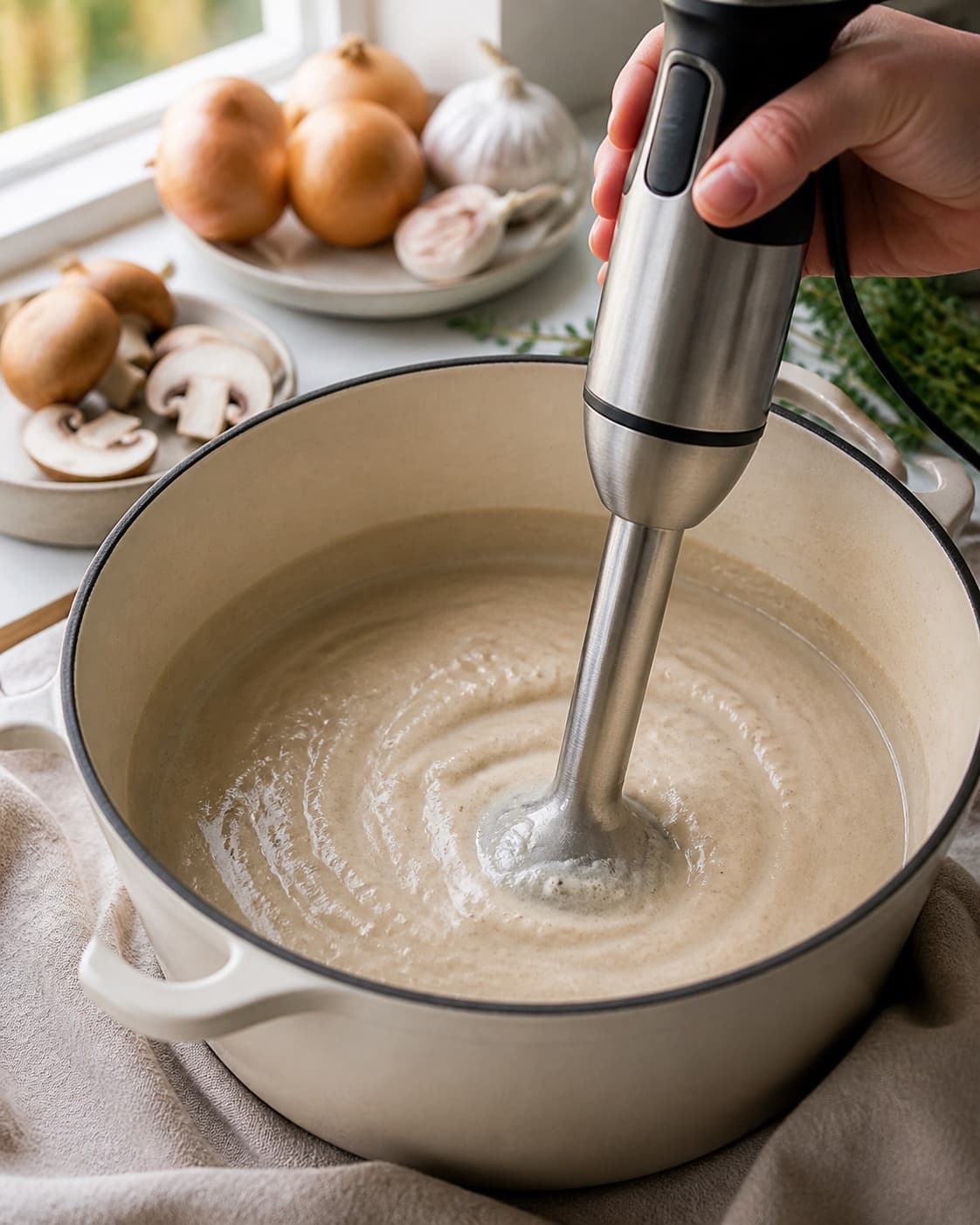 The texture of champignonsuppe being adjusted in the pot under tilberedningen af champignonsuppe