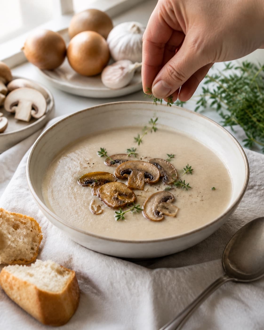 Finished champignonsuppe being served with a fresh restrained garnish under tilberedningen af champignonsuppe