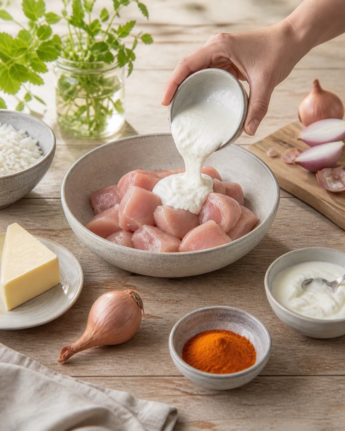 Mise en place for butter chicken with kyllingekød, græsk yoghurt, smør, zittauerløg under tilberedningen af butter chicken