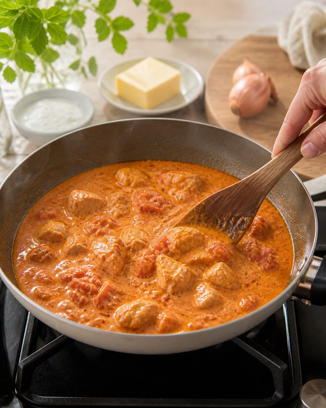 butter chicken gently simmering with visible ingredients under tilberedningen af butter chicken