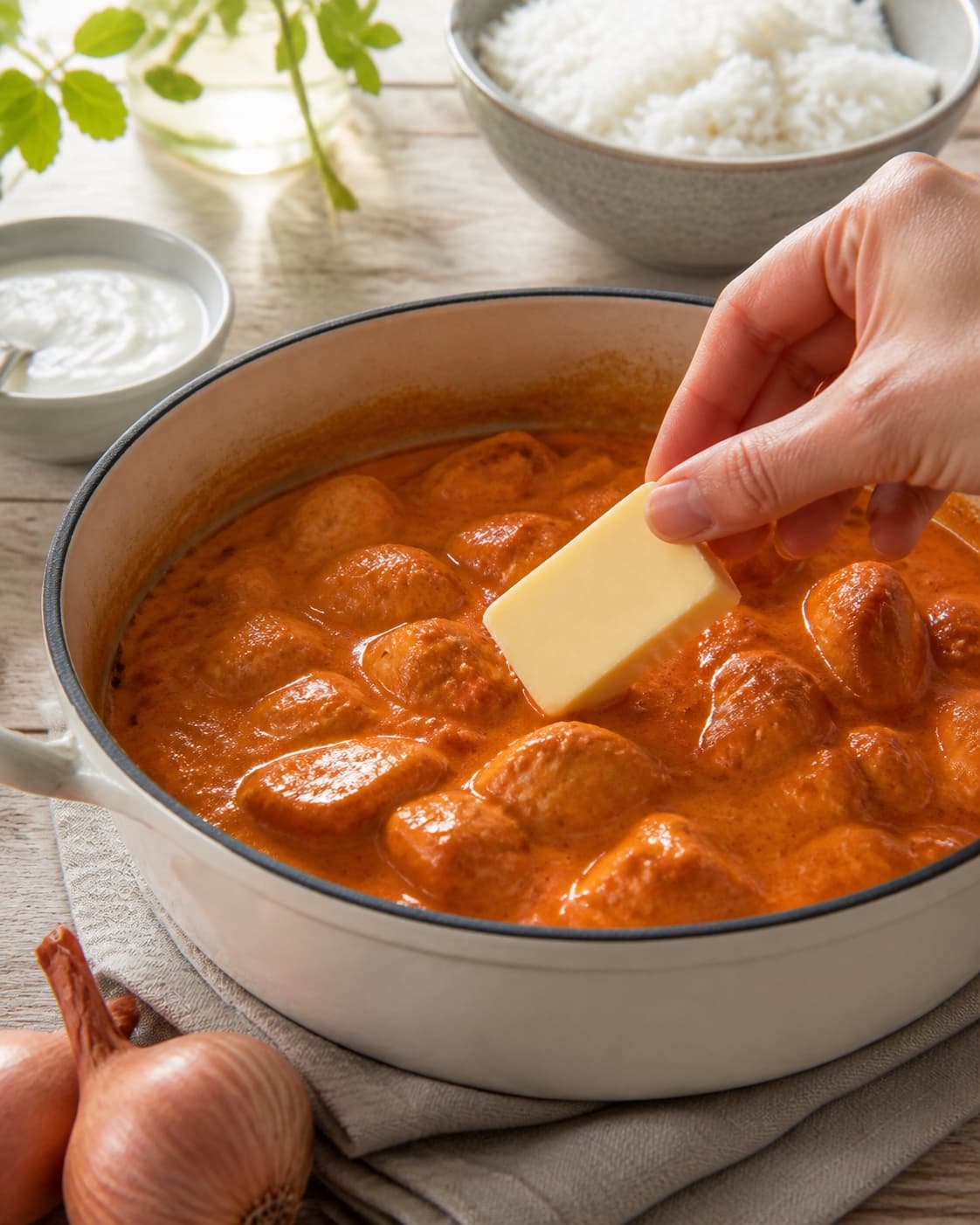 The texture of butter chicken being adjusted in the pot under tilberedningen af butter chicken