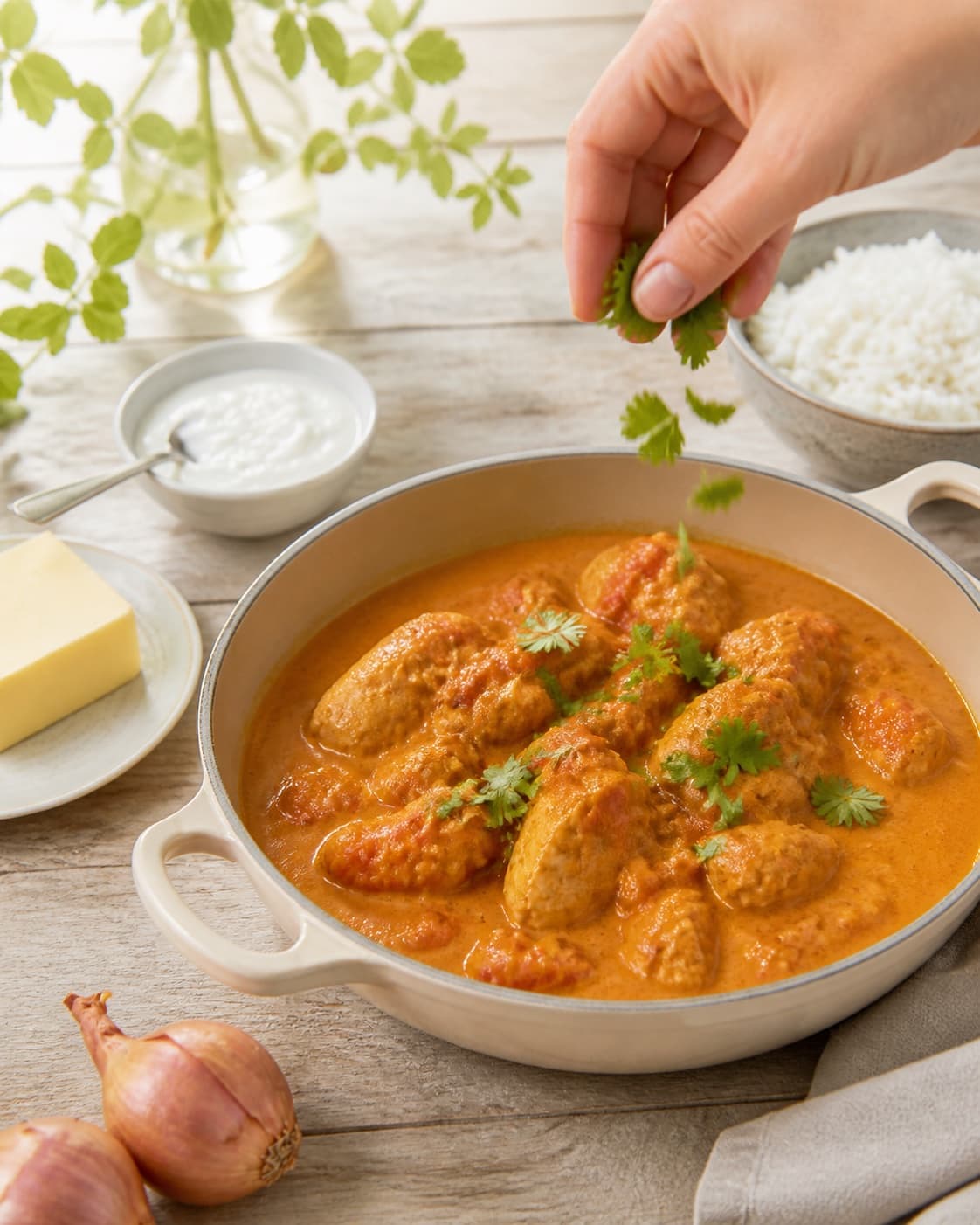 Finished butter chicken being served with a fresh restrained garnish under tilberedningen af butter chicken
