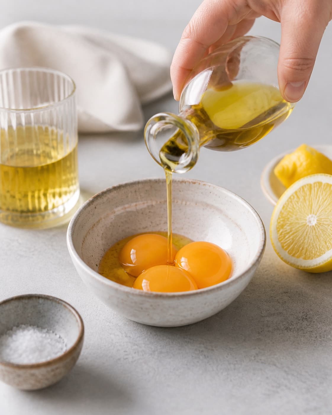 Clean prepared ingredients for hjemmelavet mayonnaise with pasteuriserede æggeblommer, neutral rapsolie, økologisk citron, ekstra jomfruolivenolie under tilberedningen af hjemmelavet mayonnaise
