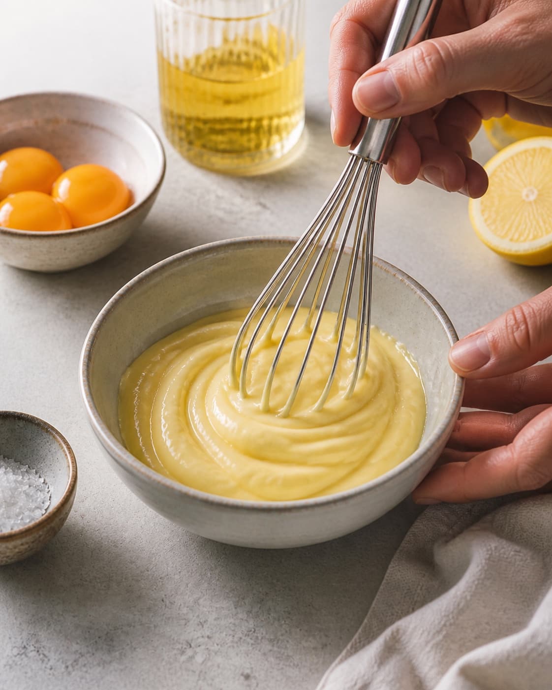 Dressing for hjemmelavet mayonnaise being whisked until glossy under tilberedningen af hjemmelavet mayonnaise