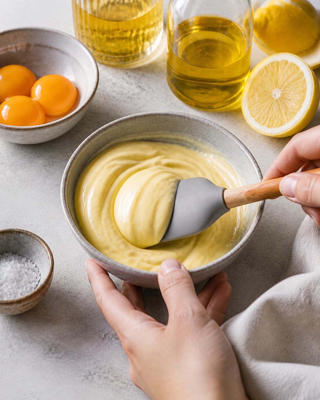 hjemmelavet mayonnaise being gently combined without crushing the ingredients under tilberedningen af hjemmelavet mayonnaise