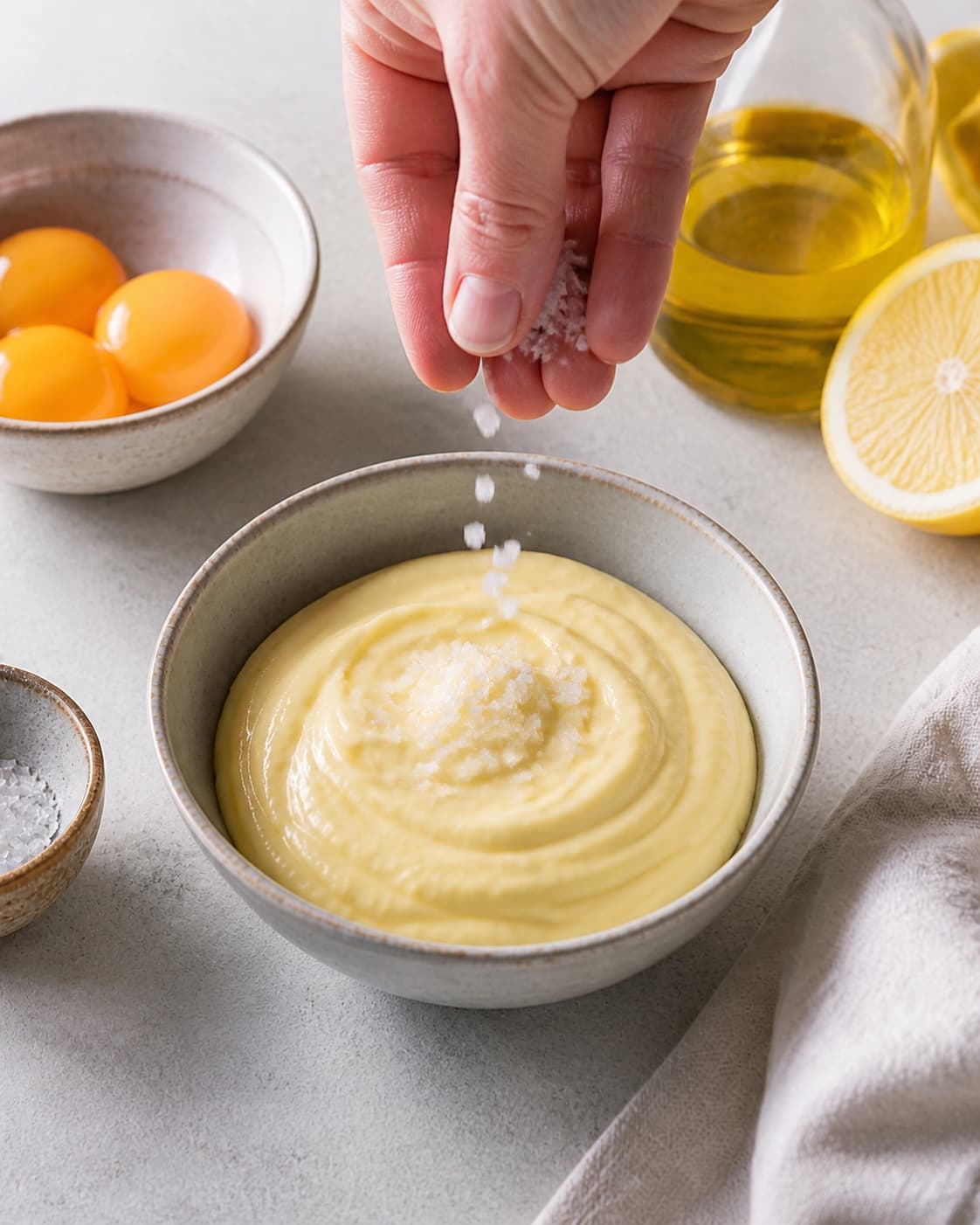 Fresh finished hjemmelavet mayonnaise receiving its final garnish under tilberedningen af hjemmelavet mayonnaise