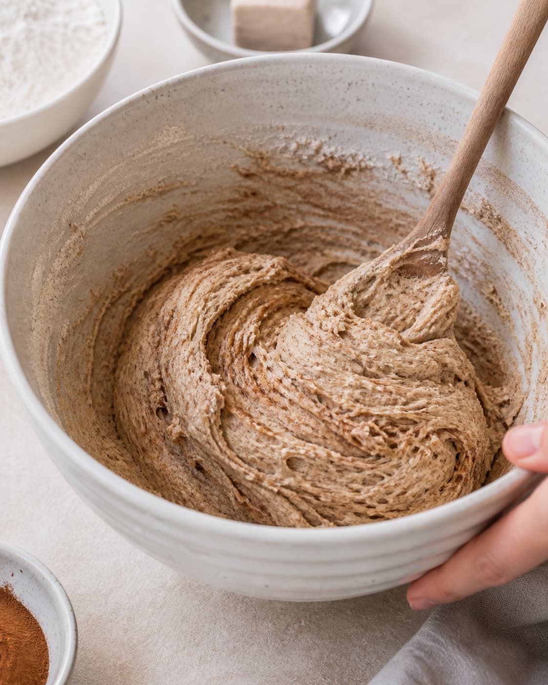 Close view of the moist dough for kanelbrød being mixed in a bowl with stødt kanel, hvedemel, lunkent vand, gær under tilberedningen af kanelbrød