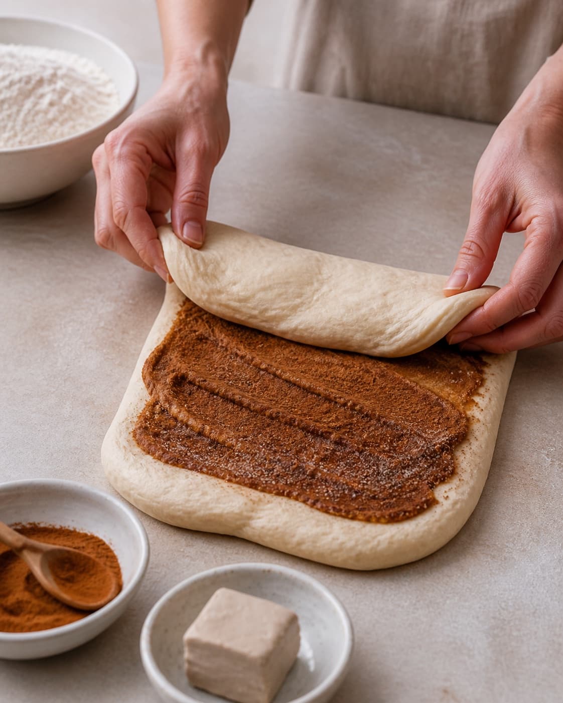 Hands gently folding elastic dough for kanelbrød under tilberedningen af kanelbrød