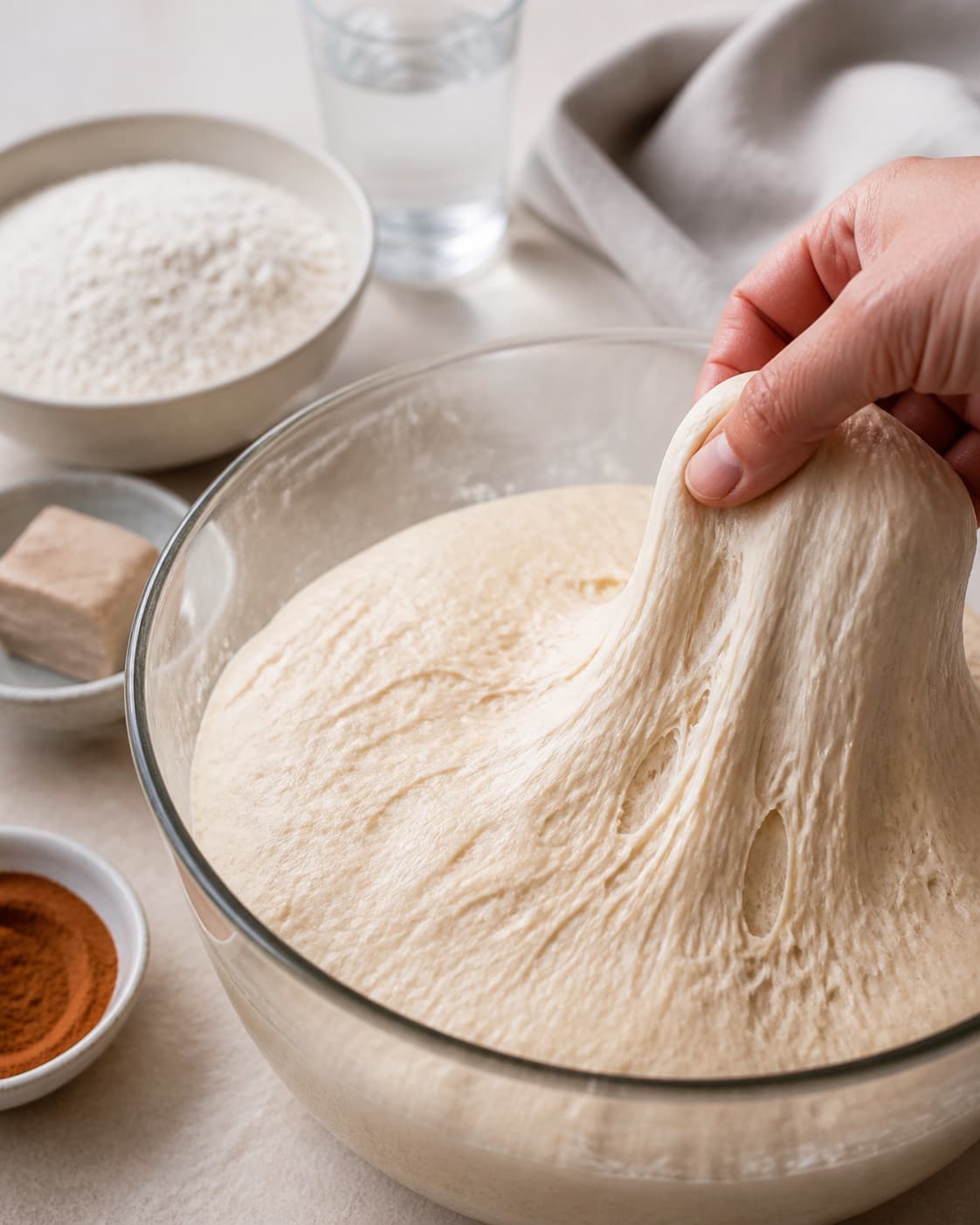 Proofed airy dough for kanelbrød with visible fermentation bubbles under tilberedningen af kanelbrød