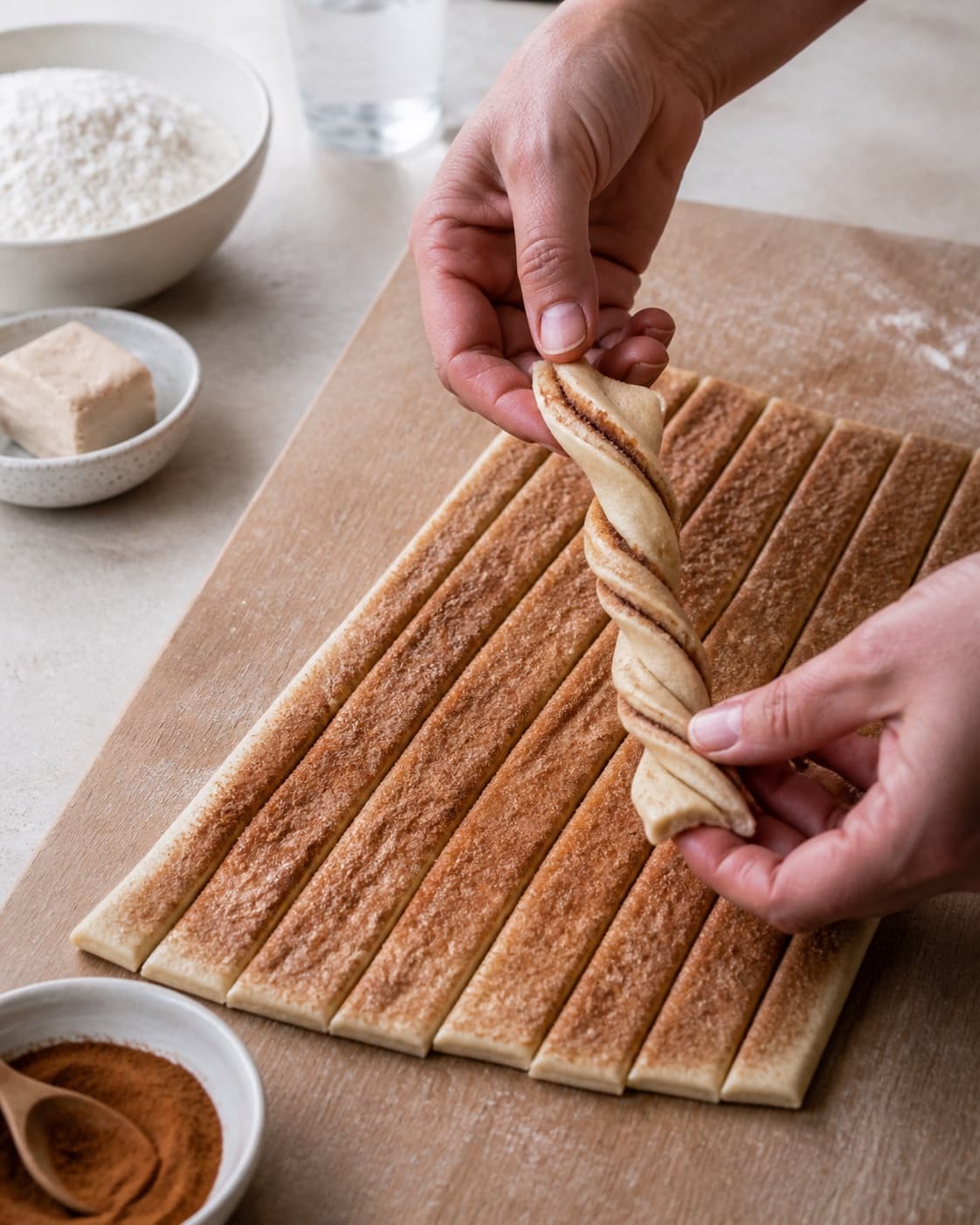 Even pieces of kanelbrød being shaped before baking under tilberedningen af kanelbrød