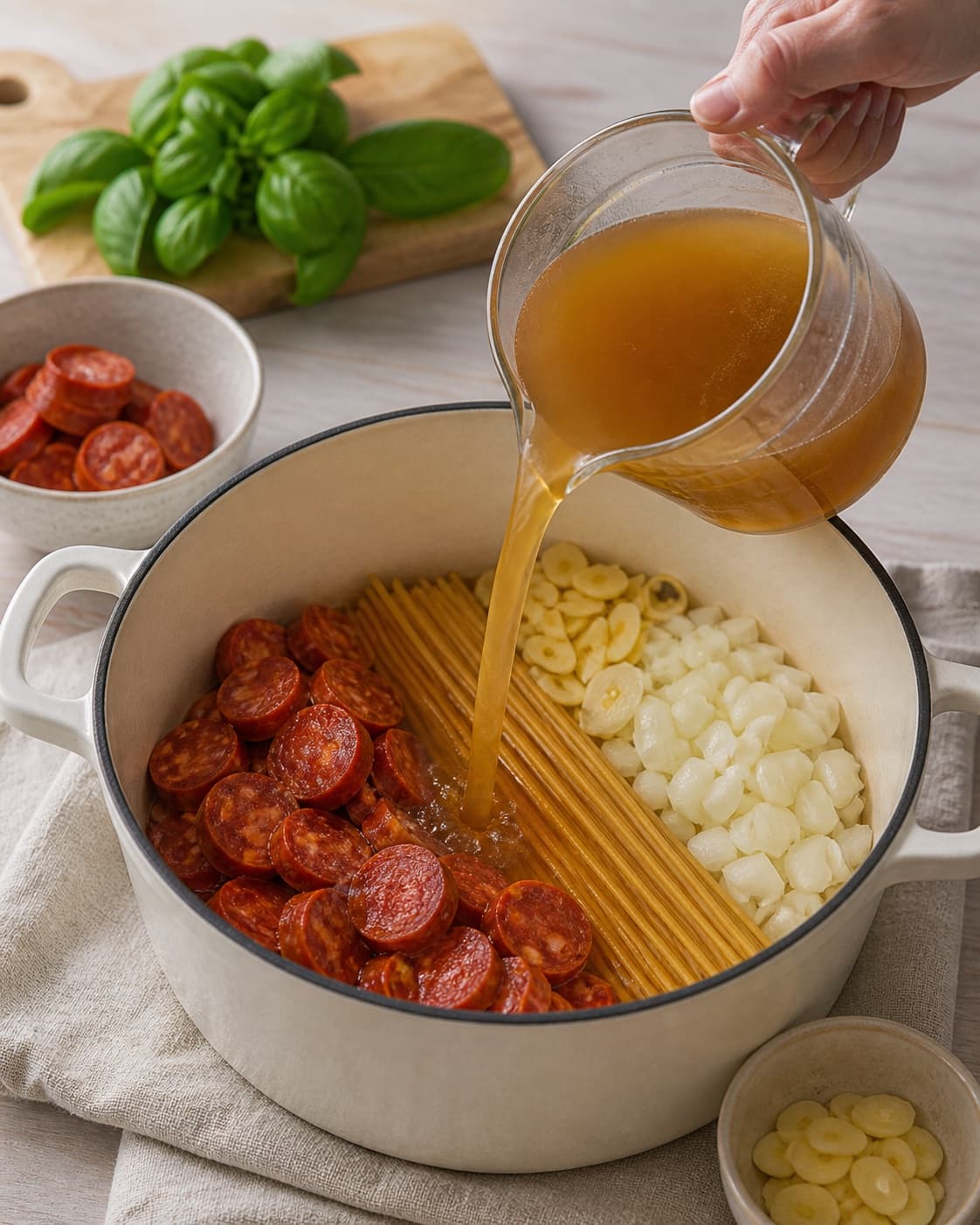 Mise en place for one pot pasta med chorizo with chorizo, zittauerløg, hvidløg, grøntsags- eller kødfond under tilberedningen af one pot pasta med chorizo