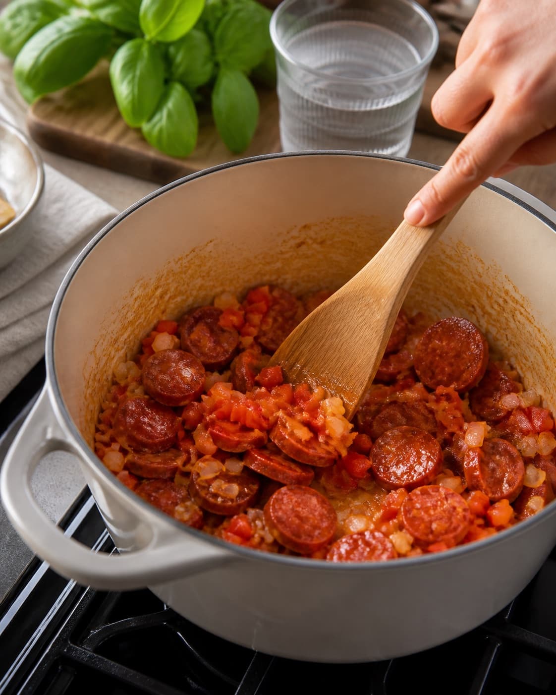 Aromatic base for one pot pasta med chorizo gently cooking in a pot under tilberedningen af one pot pasta med chorizo