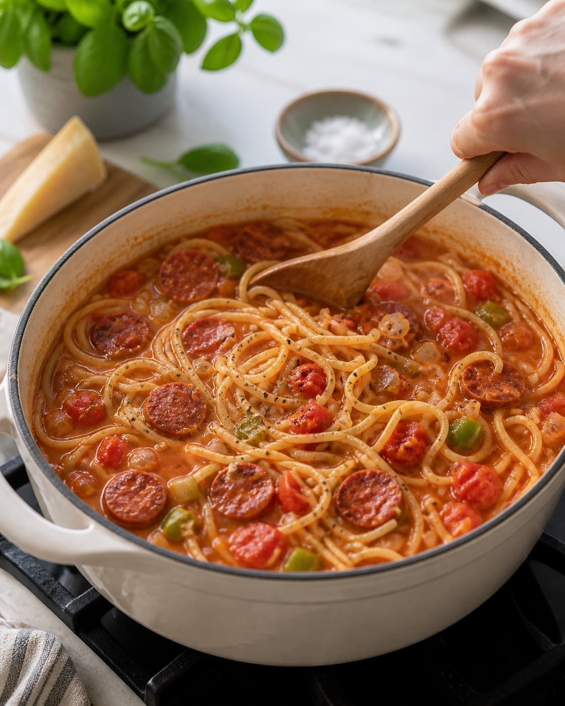 one pot pasta med chorizo gently simmering with visible ingredients under tilberedningen af one pot pasta med chorizo