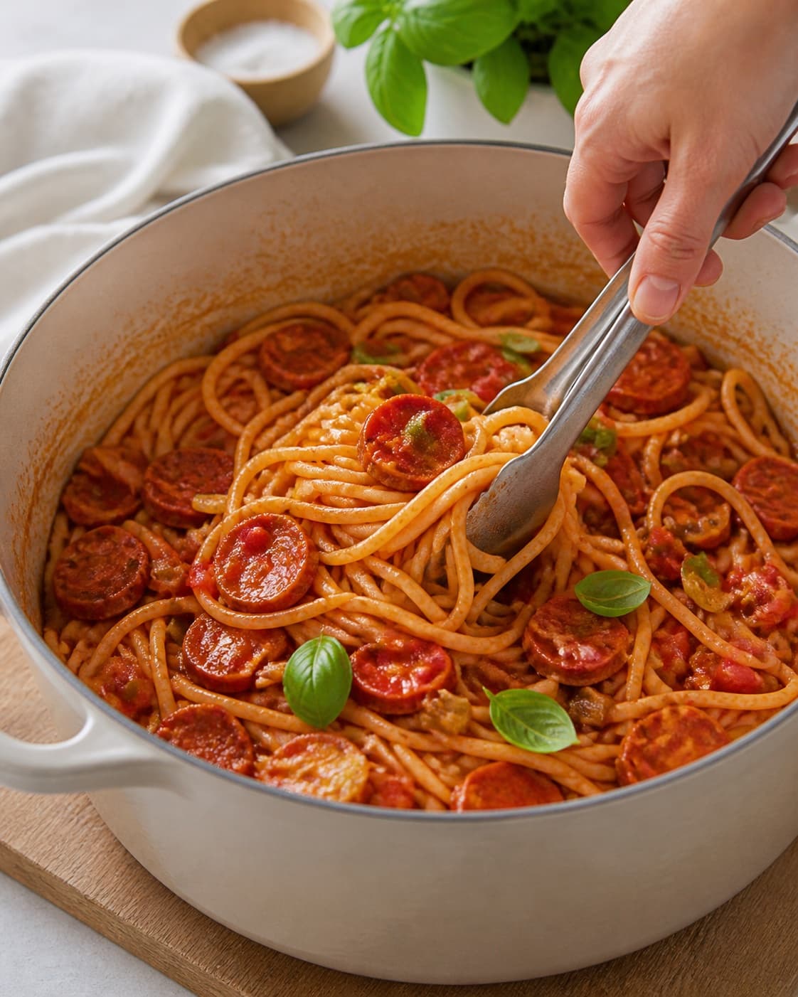 The texture of one pot pasta med chorizo being adjusted in the pot under tilberedningen af one pot pasta med chorizo