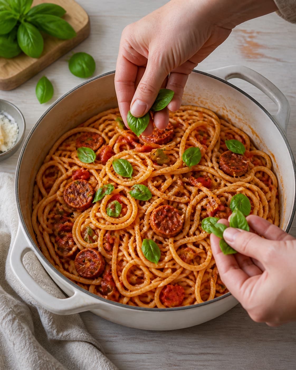 Finished one pot pasta med chorizo being served with a fresh restrained garnish under tilberedningen af one pot pasta med chorizo