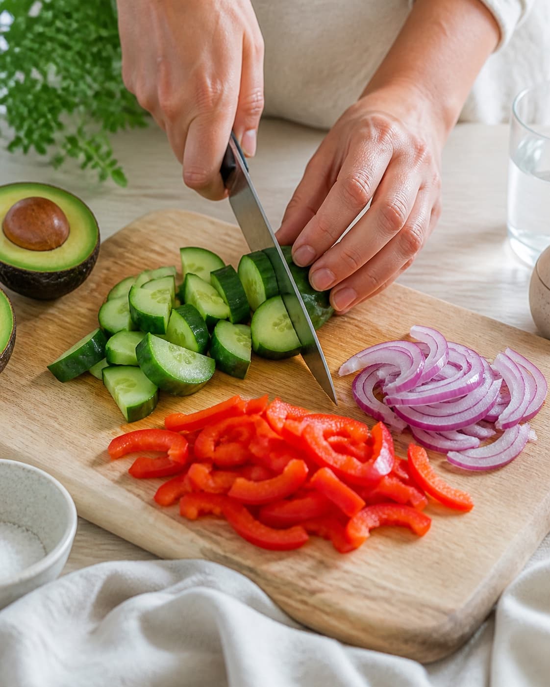 Ingredients for avocadosalat med agurk, rødløg og rød peber being cut into even pieces under tilberedningen af avocadosalat med agurk, rødløg og rød peber
